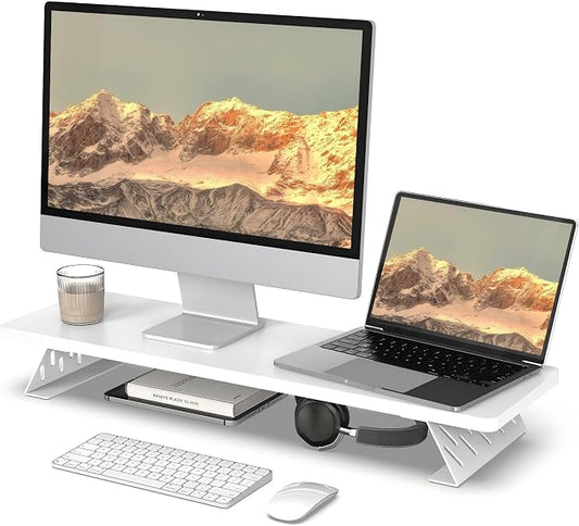 Fenge Monitor Stand Riser, Wooden & Metal Desk Shelf Organizer, White | 31.5 Inch Computer Stand for Compact Work Station, Multifunctional Monitor Shelf for Laptop, PC, Printer