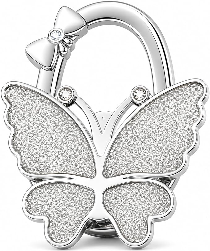 Purse Hook for Table, Foldable Handbag Hanger for Women, Portable Bag Holder with Non-Slip Base, Cute White Glitter Butterfly Purse Table Hook for Restaurant Office Travel Gift