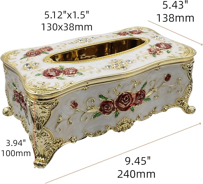 Luxurious Rose Tissue Box with Imitation Diamonds,Gold-White-red | Embossed Flowers，9.45"x5.43"x3.94"，Elegant Tissue Paper Holders，for Home Toilet Bath Hotel