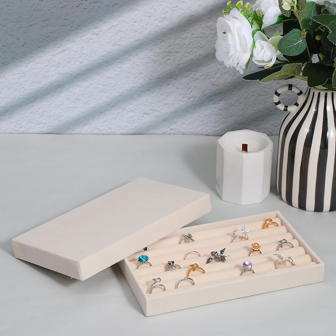 8 Pcs Velvet 7 Slots Ring Earrings Trays Showcase Display Jewelry Organizer Ring Holder Display Tray for Selling Rings Earrings Show (Beige)