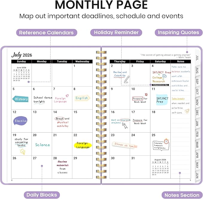 Planner 2026-2027 for Women & Men, Academic Monthly and Weekly Calendar Planner, Jul 2026 - Jun 2027, A4 (8.5" x 11"), Teacher Student Planning Book with Tabs, Ideal for Office School Supplies - Lilac Purple