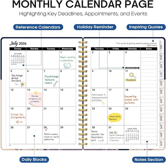 Planner 2026-2027, Academic Year Monthly and Weekly Calendar Planner, Jul 2026 - Jun 2027, Hardcover Teacher Student Planning Agenda book with Tabs, Perfect for School Office Supplies, 6.3" x 8.5" - Midnight Blooms
