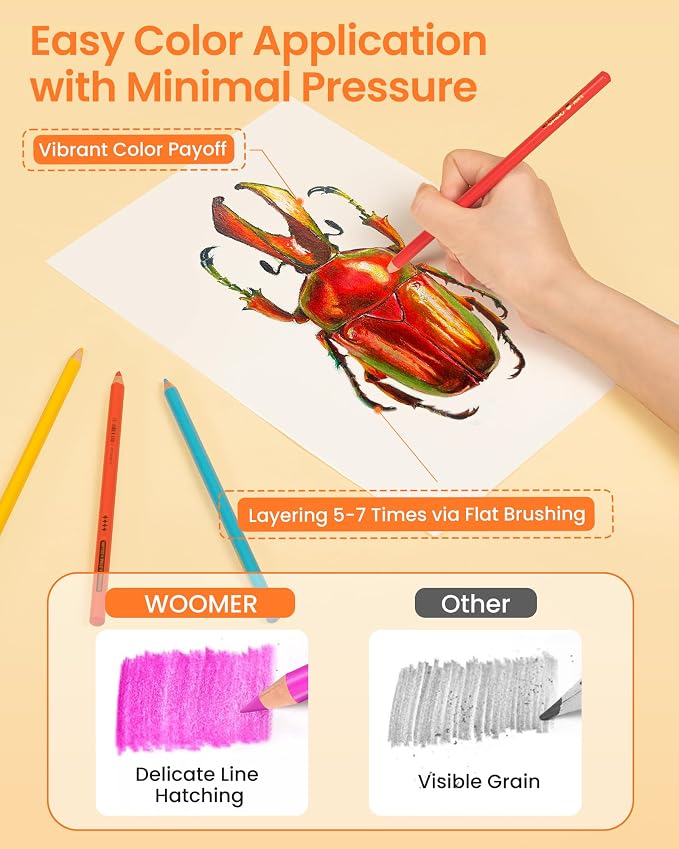 Woomer 72 Premium Colored Pencils with 20 Textured Colored Pencil Paper | 3.8mm Soft Core Artist Colored Pencils, Lightfast for Drawing, Blending & Illustration, Metal Tin Gift Box
