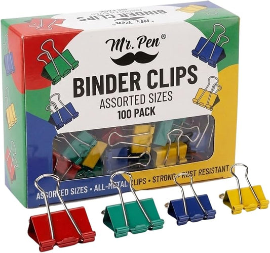 Mr. Pen- Metal Binder Clips, 100 pcs, Assorted Sizes | Colored Binder Paper Clips, Bulk Paper Clamps for Office Supplies, Home, School, Business, Document Organizing