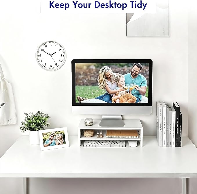 BEYGORMMonitor Stand Riser, White, 16.5 inch, 2 Tiers Wood Desk Shelf | Computer Screen Stand with Storage, For Desktop Laptop/Screen/TV/PC/Printer 16.5"L x 7.8"W x 5.2"H