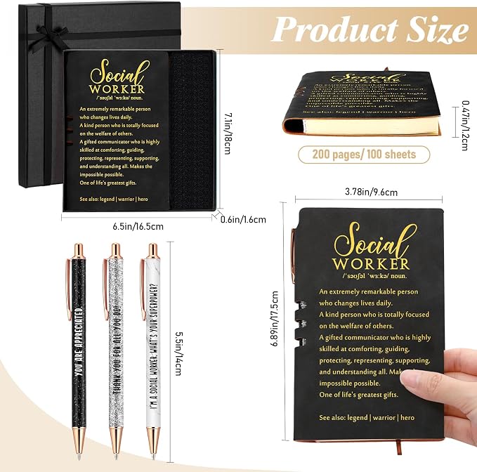 Resurhang 5 Pcs School Social Worker Must Haves Office Supplies Gift Leather Journal Notebook 3 Ballpoint Pens with Box Thank You Social Work Appreciation Gift for BSW MSW DSW(Black)