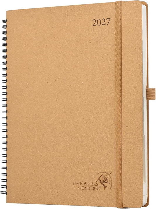 POPRUN 2027 Planner,8.5''x10.5'' Recycled Paper Weekly and Monthly Calendar | Daily Calendar Book with Italian Regenrated Leather, Appointment Book with Hourly Time Slots, Pen Holder - Desert Brown