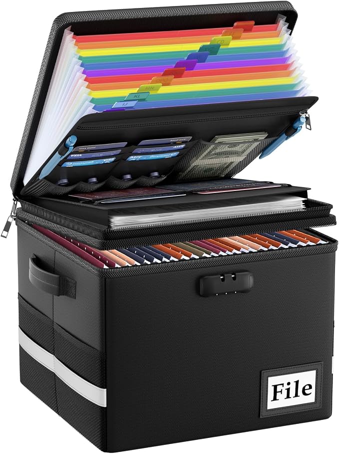 ENGPOW Fireproof Document Box with Locks and Accordion File Folder,Black | File Organizer with Multi-Pocket, Portable Home Office File Cabinet Safe Storage for Hanging Letter/Legal Size Folders