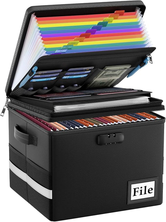 ENGPOW Fireproof Document Box with Locks and Accordion File Folder,Black | File Organizer with Multi-Pocket, Portable Home Office File Cabinet Safe Storage for Hanging Letter/Legal Size Folders