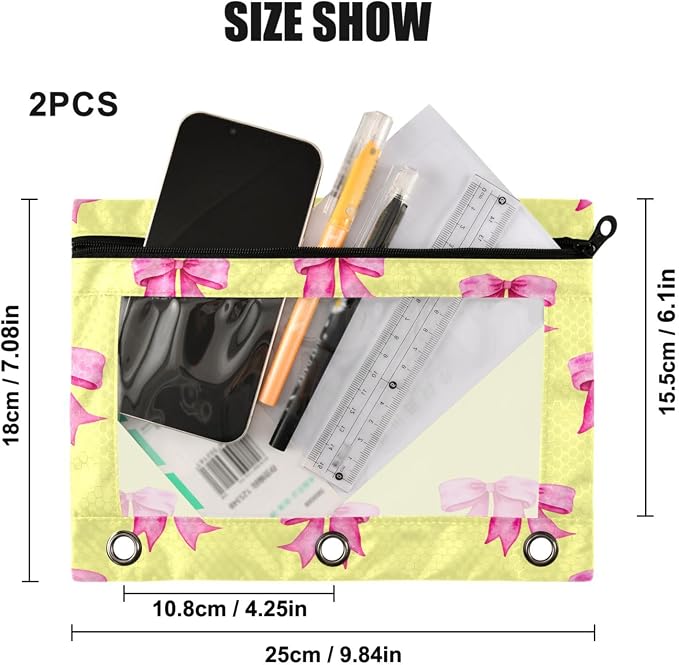 Yellow Bows Tie Pencil Pouch Fits Standard 3-Ring Binders, Zipper Binder Pencil Bag with Clear Window for Office 2 Pack