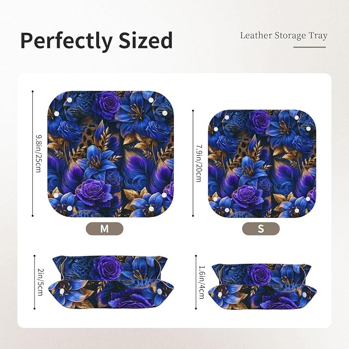 Luxury Leopard And Floral Blue Roses Valet Tray Leather Desktop Storage Organizer Bedside For Jewelry Keys Coin Sundries