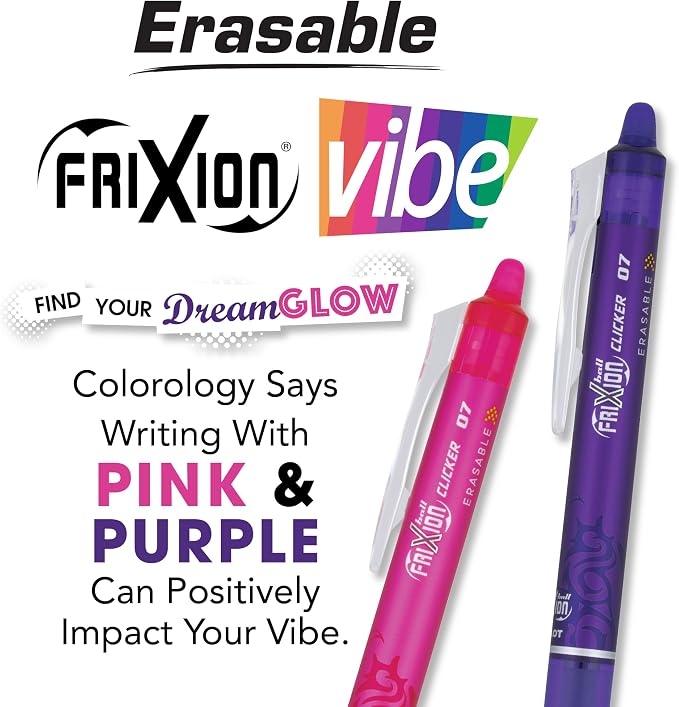 Pilot, FriXion Vibe Clicker Premium Erasable Gel Ink Pens, Find Your DreamGlow Vibe, Uplifting & Dreamy Colors, 7 Pack, Fine Point 0.7 mm, Assorted Pink/Purple Inks