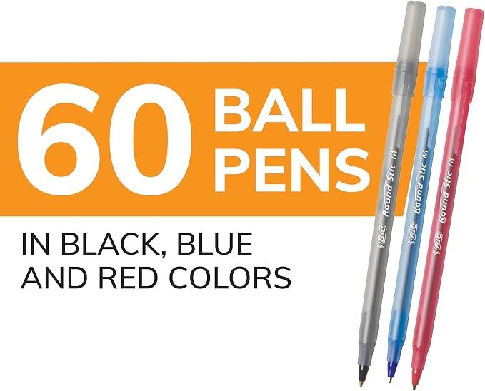 BIC Round Stic Xtra Life Assorted Ink Ballpoint Pen's, Medium Point (1.0mm), 60-Count of Bulk Pens, Flexible Round Barrel for Comfortable Writing, No. 1 Selling Ballpoint Pens (Pack of 9)