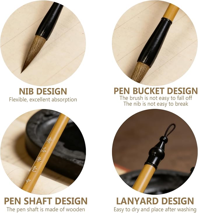 3 Sizes Chinese Calligraphy Brush Set, Chinese Writing Brushes, Wooden Ink Watercolor Painting Brushes Traditional Art Sumi Brush Wolf Hair (Large, Medium, Small)