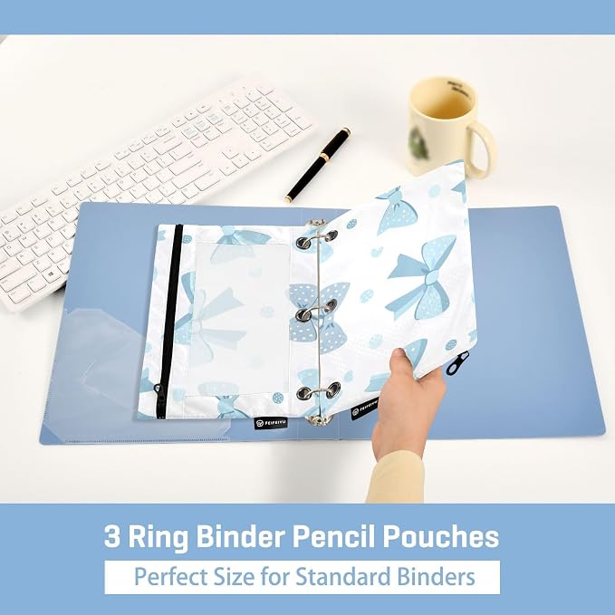 Pencil Pouch for 3 Ring Binder, Bows in Light Blue Dot Pattern Binder Pouches with Zipper Bulk, Pen Holder Case with Clear Window School Class Office Organizers