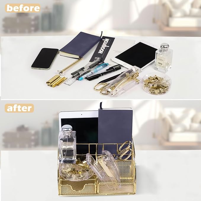 Office Desk Organizers, Gold 13PCS Office Supplies and Accessories Desk Organizer, Acrylic Stapler, Staple Remover, Clips, Scissor, Phone Holder, Pen, Pen Holder