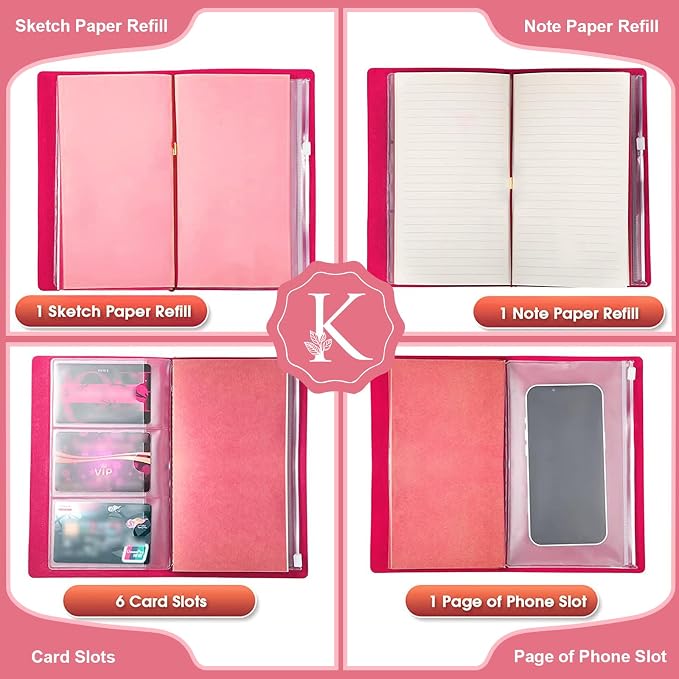 Personalized Journal Gift-Pink Initial Leather Journal+Heart Diamond Pen Set,Travel Notebook Diary Gifts,Refillable Notepads,Christmas,Birthday Gifts for Women Girls (7.9"x4.7") (K)