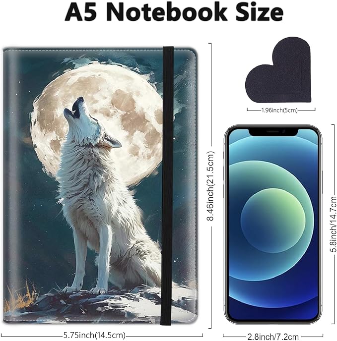 A5 Leather Lined Journal Notebook, 200 Pages Hardcover Executive Notebook for Men Women Office School Note Taking, Thick Writing Paper Daily Journal with Bookmarks/Indexes, White Wolf Moon