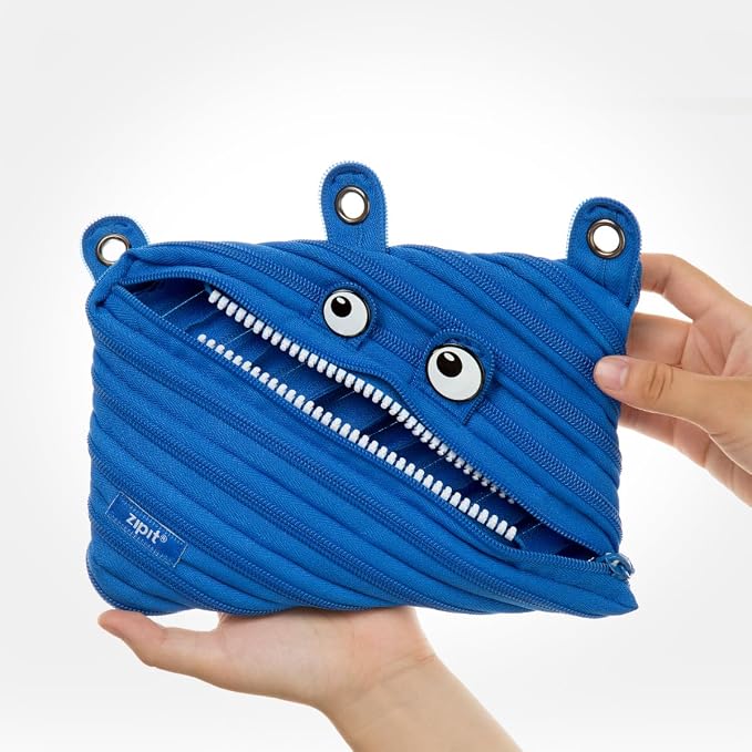 ZIPIT Monster Pencil Case for Kids, Cute 3-Ring Binder Pencil Pouch for Boys, Girls and Teens, Stationery Bag for School, Blue