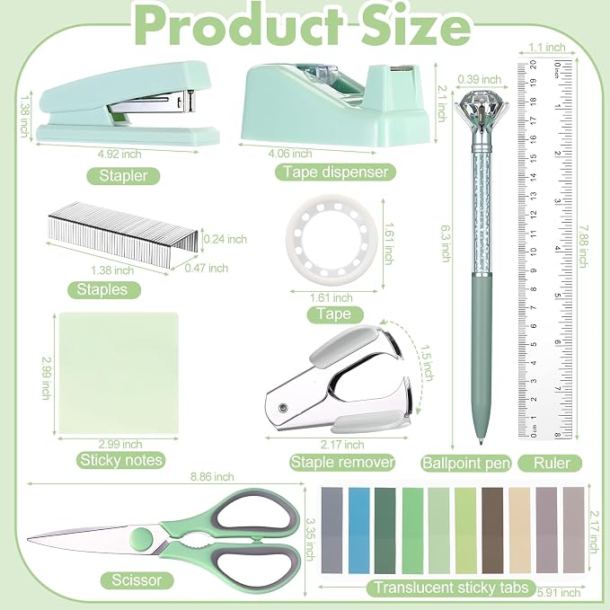 Marspark Sage Green Desk Accessories Office Supplies Set, 12 Pcs | 360° Rotating Pen Holder, Stapler, Tape Dispenser, Scissor, Sticky Notes, Binder Clips, Desk Organizers Gift for School