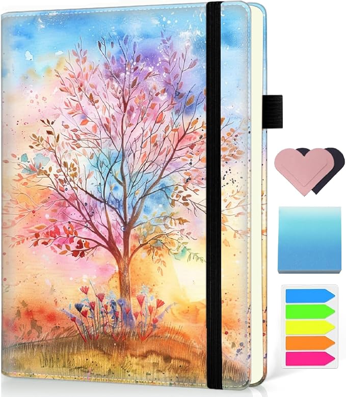Hardcover Executive Notebooks, A5 PU Leather Lined Journal Notebook, 200 Pages Thick Paper Subject Notebooks for School,Work,Home Writing Business Notebook, Diary Book ，Watercolor Tree Painting
