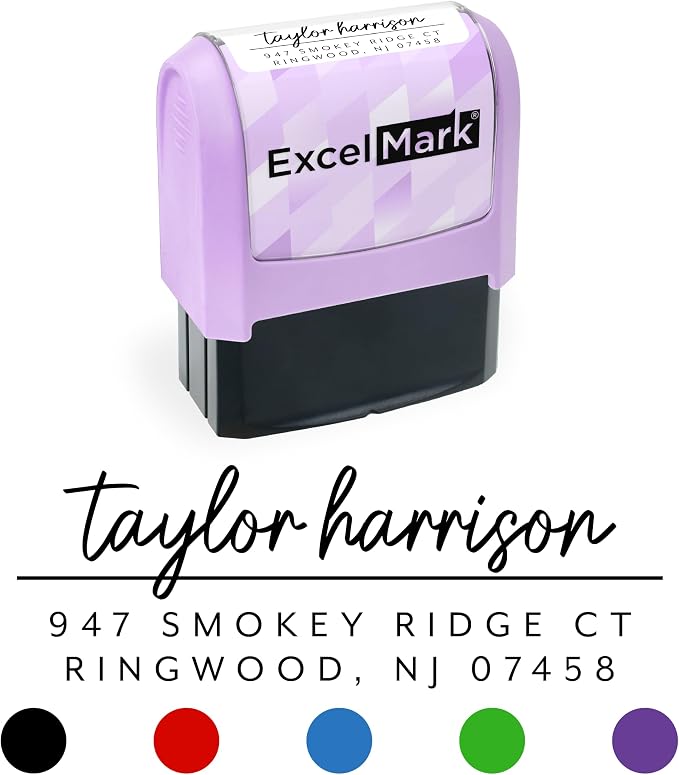 ExcelMark Address Stamp - Custom Return Address Stamp with Elegant Designs, Vibrant Colors & Patterns – Perfect for Mail, Invitations & Gifts (Violet, Metro Line)
