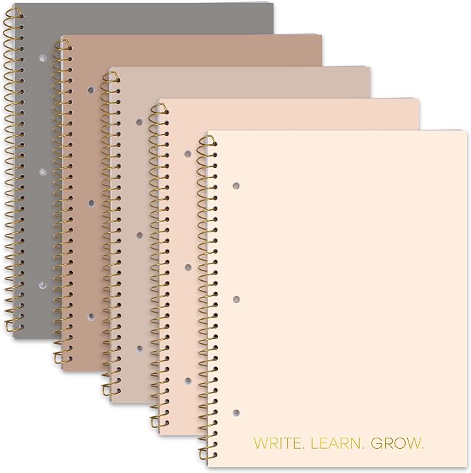 Decorably 5-Pack 140 Pages Gold Foiled Spiral College Ruled Notebook Set | 8x10.5in Spring Bound, 3-Hole Punched and Easy Tear-Off Perforated Design, Lined Pages - Work, School, Office