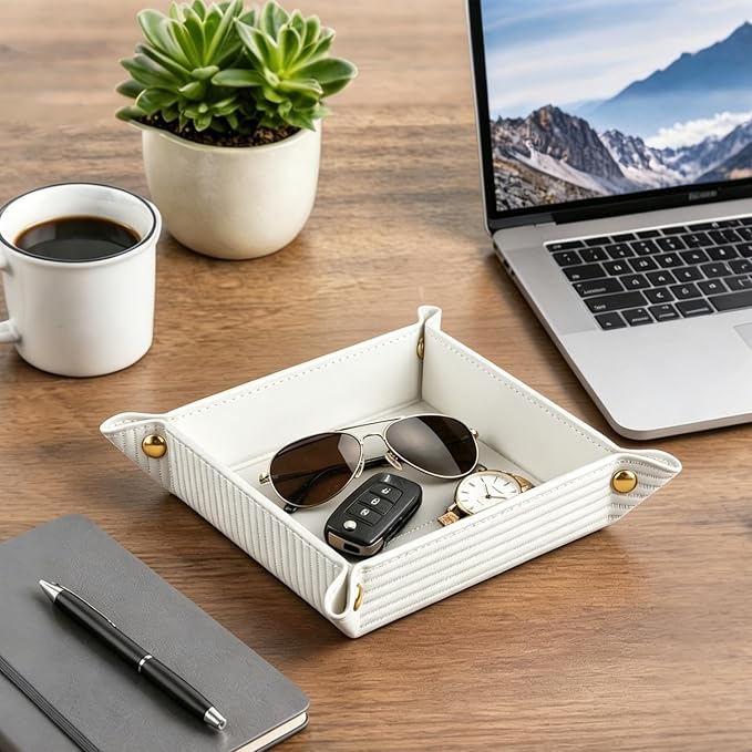 YAPISHI Light Luxury Valet Tray for Men, PU Leather Vanity Jewelry Tray & Decorative Perfume Catchall, Folding Travel EDC Dump Tray, Nightstand Organizer Caddy for Keys, Watches, Coin Bowl Dish