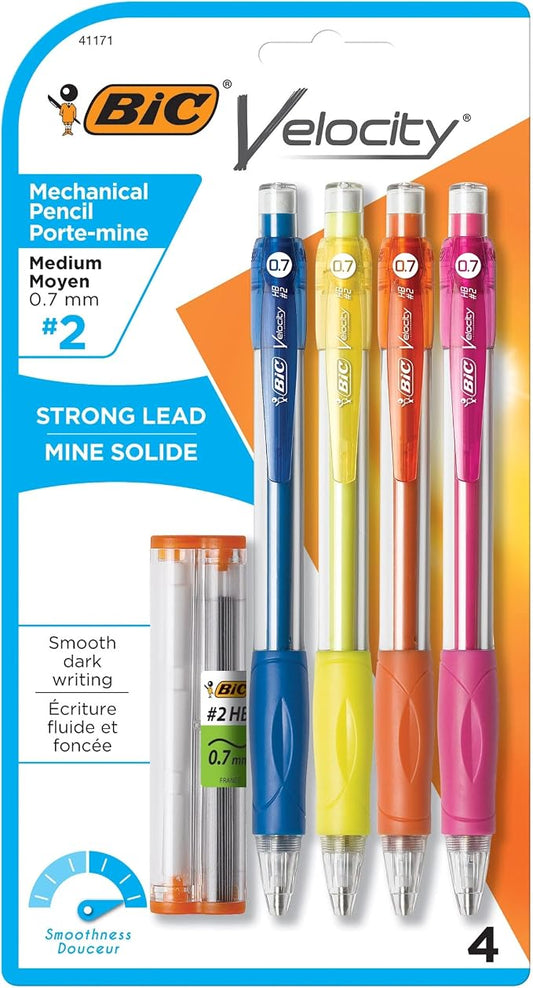 BIC Velocity Mechanical Pencils, With Colorful Barrel, Medium Point (0.7 mm), School Supplies for Students and Teachers, 4-Count Pack