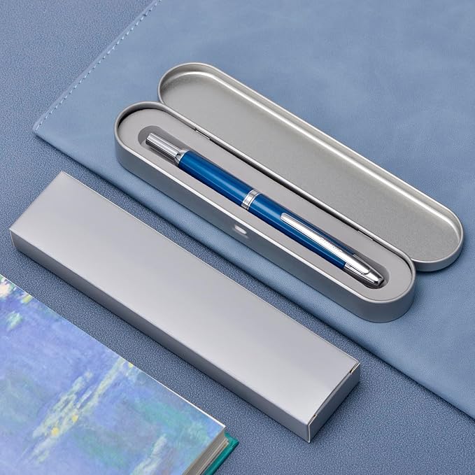 Jinhao 10 Press Fountain Pen with Box, Pearl Blue Retractable Medium Nib with Ink Converter Set (Silver Clip)