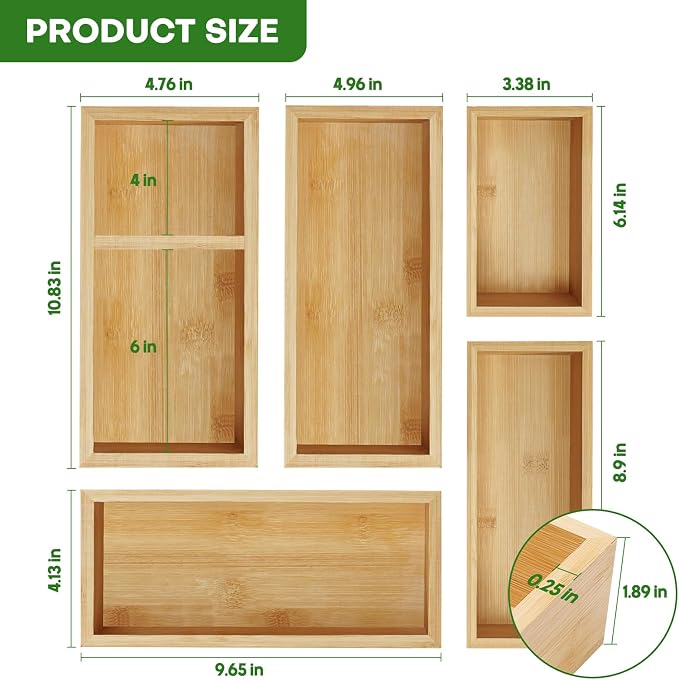 MapleGrace Bamboo Drawer Organizer Set, Individual Wood Storage Organizers | 5 PCS Multi-Use Junk Drawer Divider, Storage Trays Containers for Kitchen, Bathroom, Office Desk, Makeup, Jewelry, Utensils