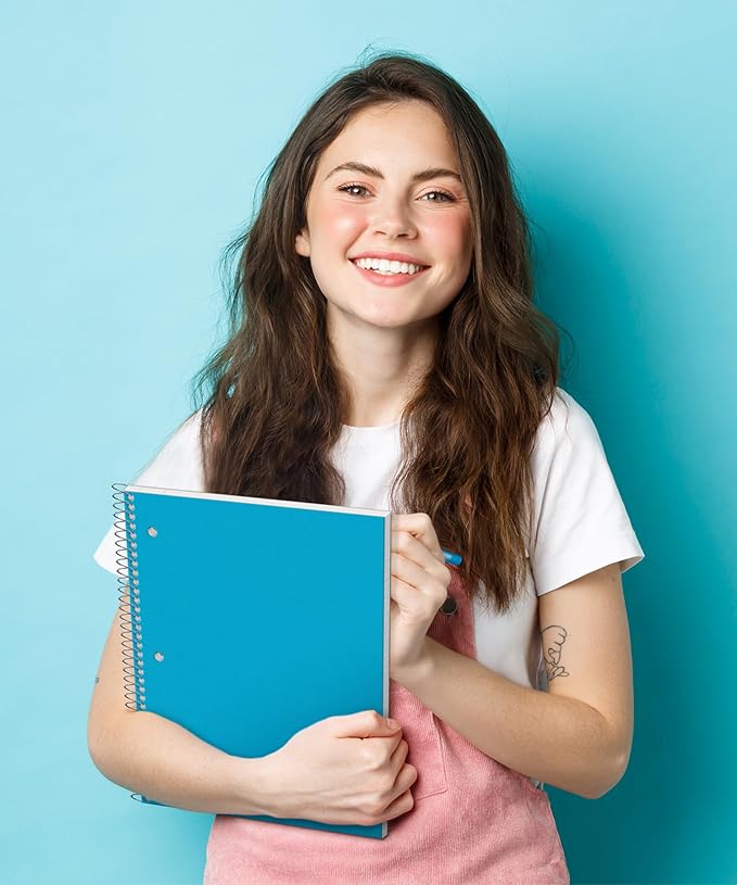 Dunwell 1-Subject Notebook College Ruled, (Blue) 100 Sheets (200 Pages), Perforated Paper, 3 Hole Punched, Spiral Notebook 8.5 x 11, Protective Plastic Cover, Divider with Pockets