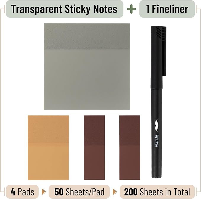 Mr. Pen- Transparent Sticky Notes Set, 200 Sheets | Transparent Sticky Notes and Planner Tabs with Black Fineliner Pen for Bible Study, Office, School, Planning
