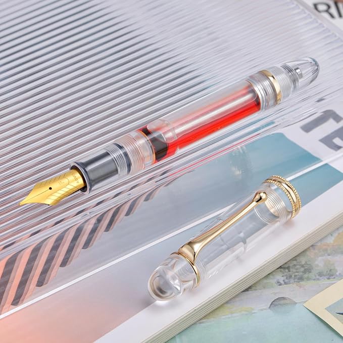 Asvine V800 Fountain Pen - Vacuum Filling System with Large Ink Capacity - Smooth Number 8 Extra Fine Nib with Gift Case and Wrench- Clear Gold Acrylic