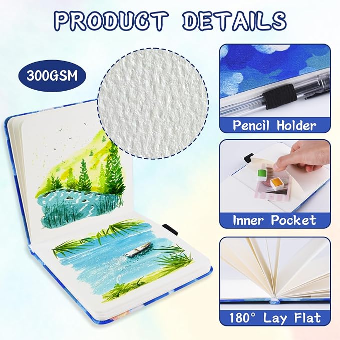 5x5 Handy Portable Handmade Cloth Fabric Hardcover Sewing Binding Travel Watercolor Paper 140LB/300gsm 20Sheets/40Pages Journal Mixed Media Pad Sketchbook. Blue Cloud