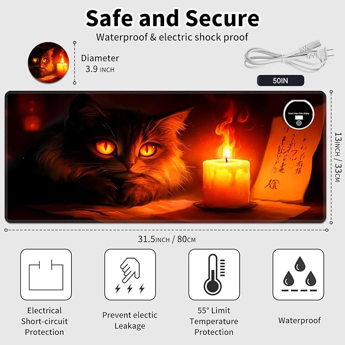 Warm Desk Pad,Heated Desk Pad,Office Mat,3 Heating Levels & 3 Hours Auto Shut-Off,31.5"*13" Gaming Mouse Laptop Keyboard Leather Desk Mat,Cute Cat Candlelight