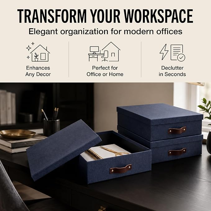 Bigso Oskar Canvas Fiberboard Document Letter Box | File Organizer Document Box for Important Paperwork | Document Storage Box with a Lid & Handle | 3.3″x10.2″x13.8″ | 3 Pack | Blue