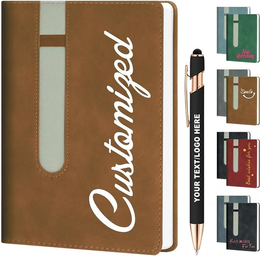 ENOMY Personalized A5 Notebook Set 240 Lined Pages Custom Notebook with 10 PC Pens PU Leather Journal Cover to Business Gift College Birthday Corporate Men & Women, Coffee