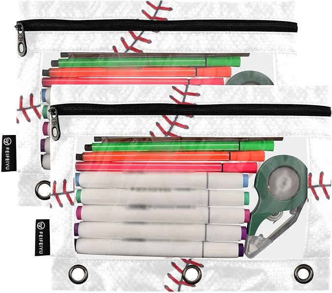 Baseball Pencil Pouches for 3 Ring Binder 2 Pack | Binder Pencil Case With Zipper Reinforced GrommetsPencil Bags for Office Organizers