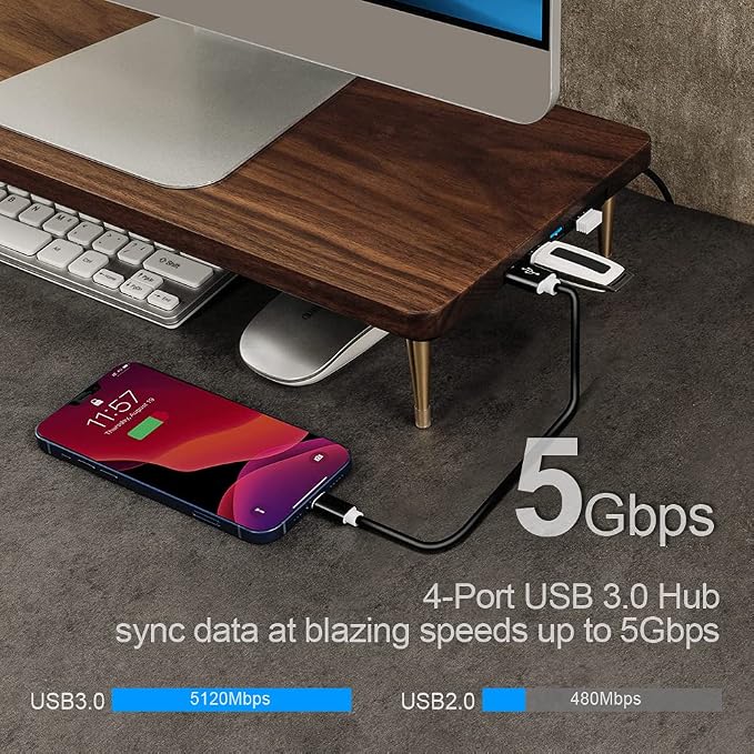 Monitor Stand with 4 USB Ports Walnut Wood Riser for iMac Laptop Computer Monitor – A Sturdy Computer Stand to Elevate Your Screen and Reduce Eye Strain and Maintain Body Position