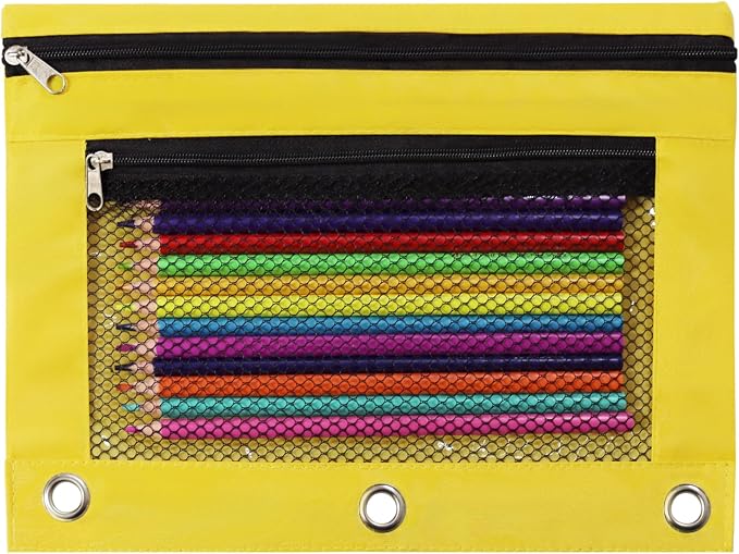 Pencil Pouch for 3 Ring Binder, Heavy Duty Canvas Dual Zipper Pen Bag with Clear Window, Smooth Metal Zipper, Fit Standard 3-Ring Binders for School Office Travel Supplies (Yellow)
