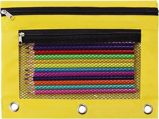 Pencil Pouch for 3 Ring Binder, Heavy Duty Canvas Dual Zipper Pen Bag with Clear Window, Smooth Metal Zipper, Fit Standard 3-Ring Binders for School Office Travel Supplies (Yellow)