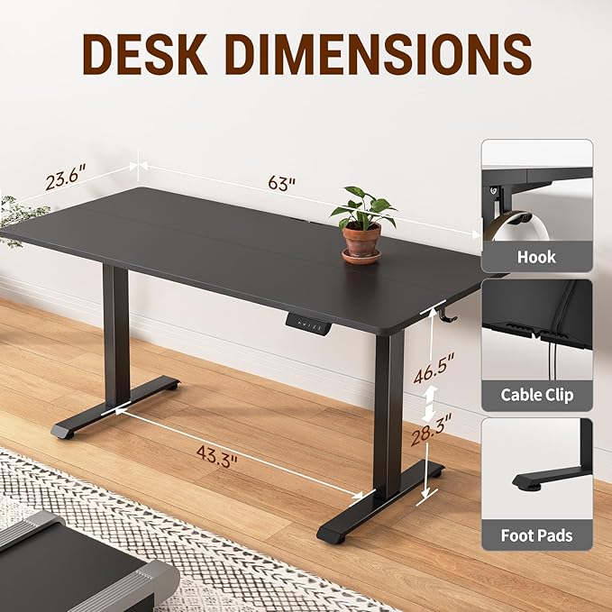 Veken 63×23.6 Inch Large Electric Standing Desk, Gaming Table, Black | Height Adjustable Sit Stand Up Computer Tables for Home Office, Study , Writing, Suit students, employees and group work