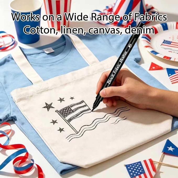 5pcs Fabric Markers Permanent Paint Pens for White Clothes, Bleed Proof, Water Resistant, No Fade, Quick Dry Professional Dual Tip Pens DIY for Canvas, Cover Stains, Clothing, Black