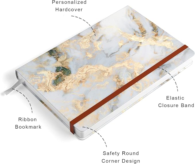 Lined Journal Notebook, Marble Hardcover, Medium 5.7 x 8.4 in, 160 Pages Thick Paper, Cute Aesthetic College Ruled Notebook for Journaling Writing Work Office School Women Men, Gray White Gold