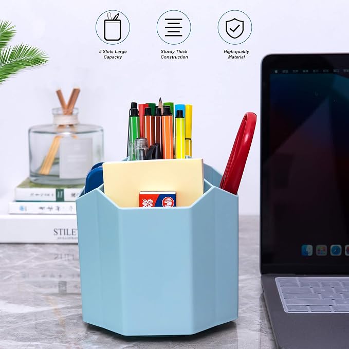 Siveit Desk Pencil Pen Holder, Rotating Pen Organizers 360-Degree 5 Grid Pen Holder for Desktop Storage Stationery Supplies Organizer, Home, Office, School, Kids, Blue