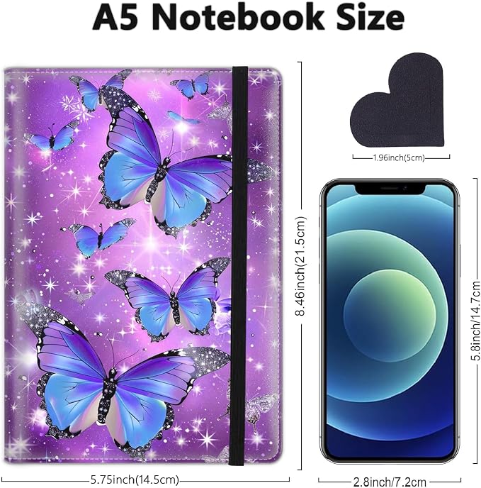 A5 Leather Lined Journal Notebook, 200 Pages Hardcover Executive Notebook for Men Women Office School Note Taking, Thick Writing Paper Daily Journal with Bookmarks/Indexes, Blue Butterfly Purple