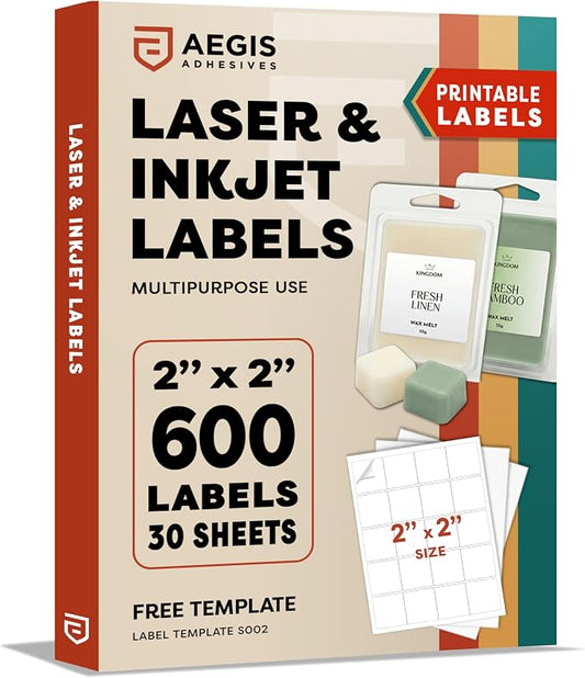 2x2 Inches Square Labels, Printable Custom Labels, Business Logo Stickers, Small QR Codes for Laser & Inkjet Printers, Matte White - Aegis Adhesives Template S002 (30 Sheets, 600 Stickers)