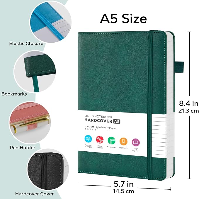 2 Pack Lined Journal Notebook for Work, A5 Medium Size (5.7'' x 8.4"), for Women Men Travelers Writing, Leather Hardcover, 100GSM Thick Paper, Daily Diary, School Office Supplies, Black & Green