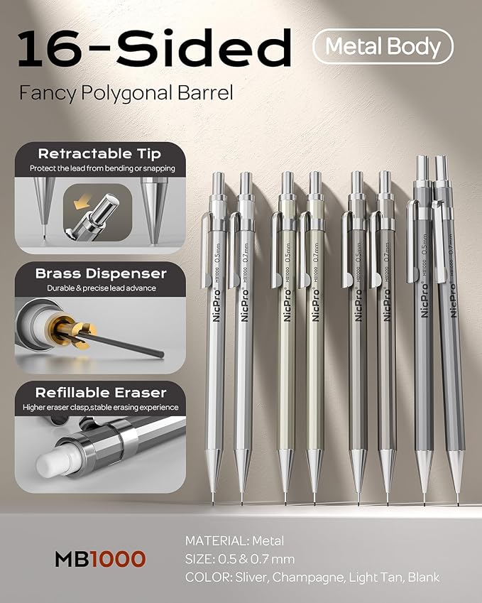 Nicpro 8 Pack 0.5mm & 0.7mm Metal Mechanical Pencil Set, MB1000 | Lead Drafting Pencil for Artist Writing, Sketching, Drawing with 6 Tubes HB Refills, 3×4B Eraser, 9×Cap Eraser - With Case